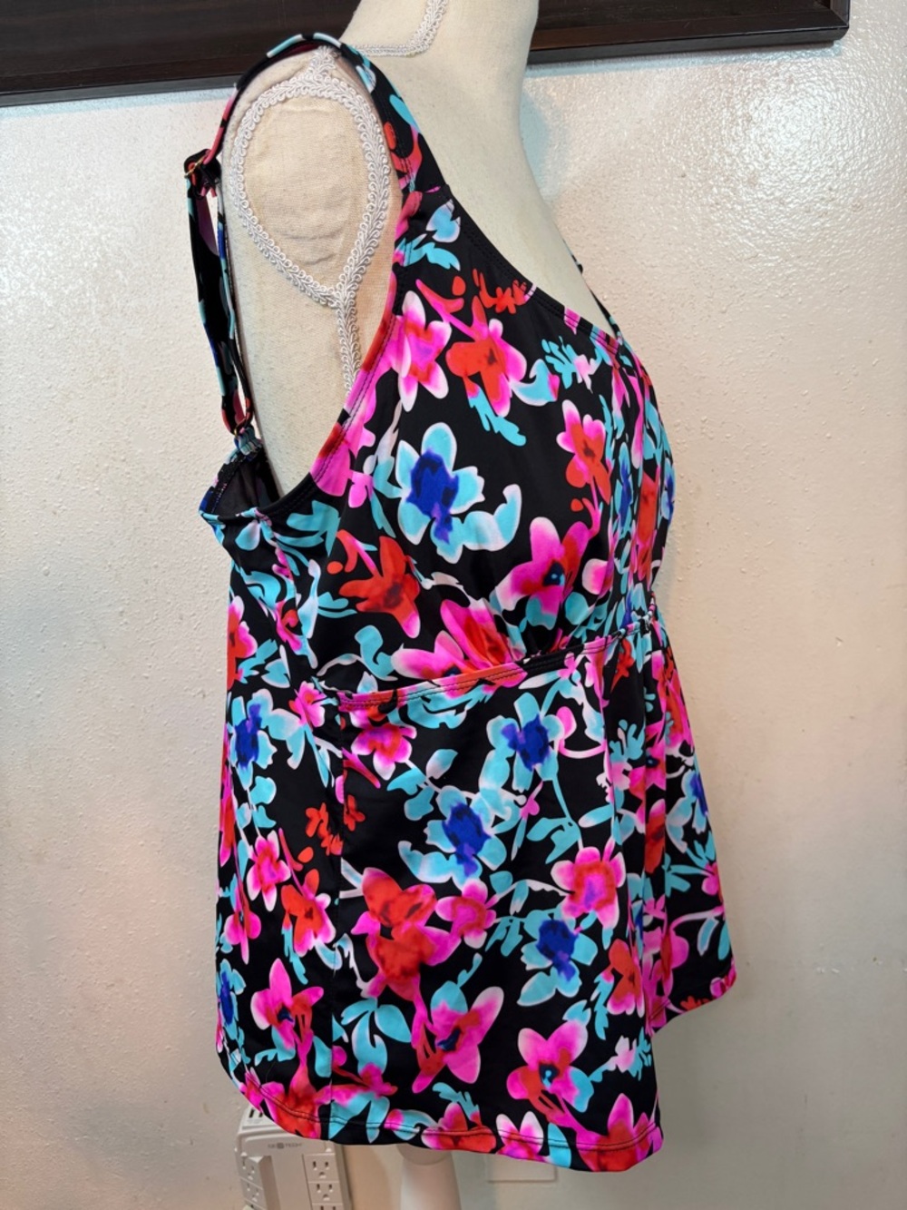 Black Floral Women’s Tankini Swim Top - Pink & Blue Flowers - Picture 6 of 8